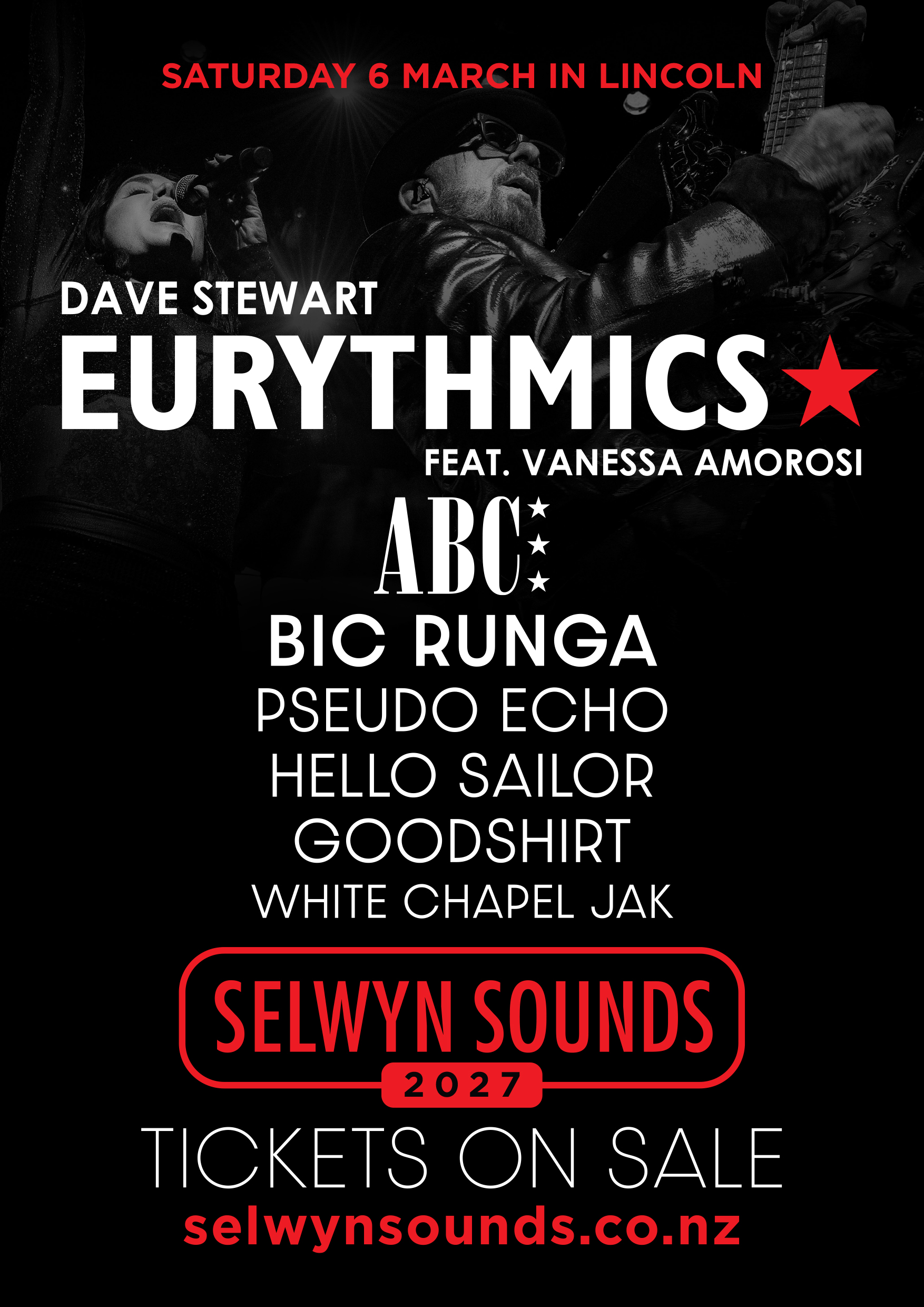 Selwyn Sounds 2027 official poster with lineup — Eurythmics, ABC, Bic Runga and more
